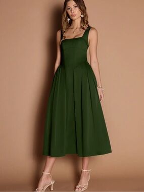 Azazie Olive Green Square-Neck Midi Dress